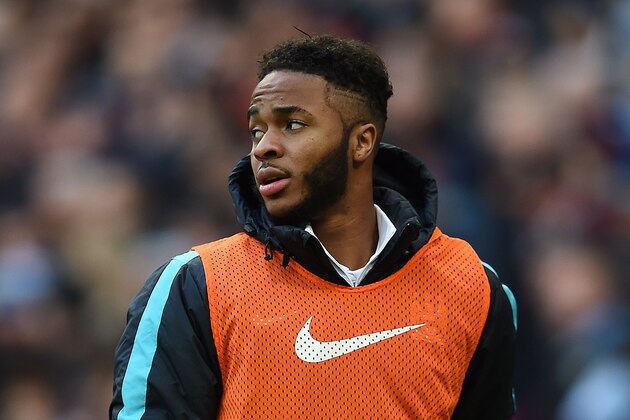 Manchester City's English midfielder Raheem Sterling warms up during the English Premier League football match between Manchester City and Aston Villa at the Etihad Stadium in Manchester, north west England, on March 5, 2016. / AFP / PAUL ELLIS / RESTRICTED TO EDITORIAL USE. No use with unauthorized audio, video, data, fixture lists, club/league logos or 'live' services. Online in-match use limited to 75 images, no video emulation. No use in betting, games or single club/league/player publications.  /         (Photo credit should read PAUL ELLIS/AFP/Getty Images)