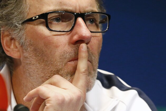Paris Saint Germain coach Laurent Blanc ponders a question during a press conference on the eve of the Champions League round of 16, 1st leg soccer match between PSG and Chelsea at the Parc des Princes stadium in Paris, France, Monday, Feb. 15, 2016. (AP Photo/Francois Mori)