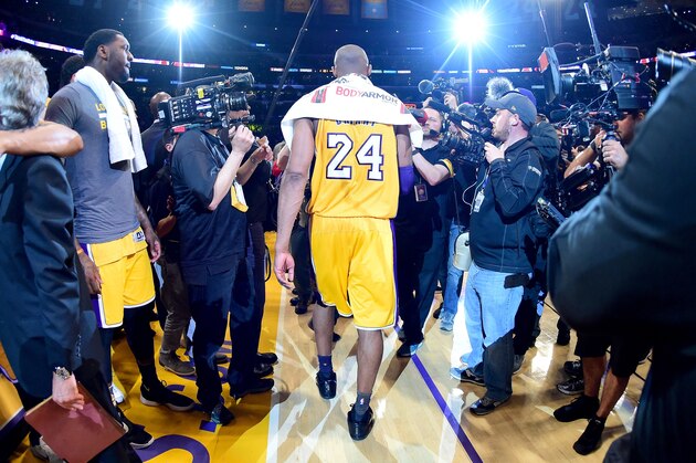 LOS ANGELES, CA - APRIL 13:  Kobe Bryant #24 of the Los Angeles Lakers walks towards the tunnel after scoring 60 points against the Utah Jazz at Staples Center on April 13, 2016 in Los Angeles, California. NOTE TO USER: User expressly acknowledges and agrees that, by downloading and or using this photograph, User is consenting to the terms and conditions of the Getty Images License Agreement.  (Photo by Harry How/Getty Images)