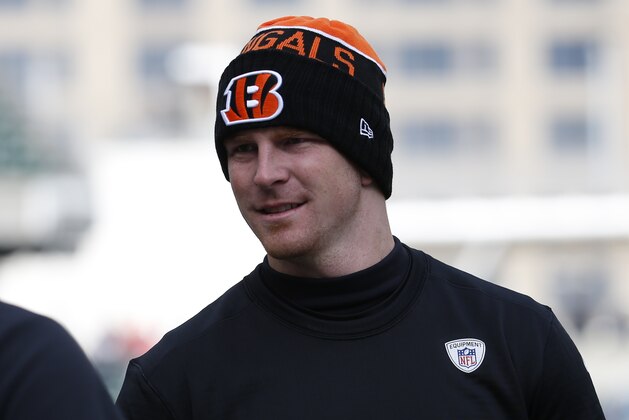 Cincinnati Bengals quarterback Andy Dalton attends practice before an NFL football game against the Baltimore Ravens, Sunday, Jan. 3, 2016, in Cincinnati. (AP Photo/Frank Victores)