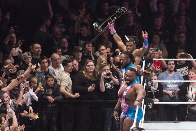 COLOGNE, GERMANY - FEBRUARY 11: The New Day during WWE Road to WrestleMania at the Lanxess Arena on February 11, 2016 in Cologne, Germany. (Photo by Marc Pfitzenreuter/Getty Images)