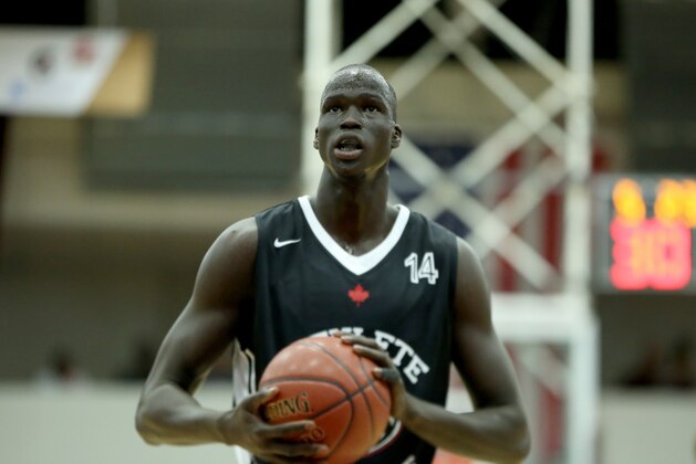 Athlete Institute's Thon Maker #14 shoots a free throw against Findlay College Prep during a high school basketball game in the Hoophall Classic at Springfield College on Saturday, January 16, 2016 in Springfield, MA.  (AP Photo/Gregory Payan)