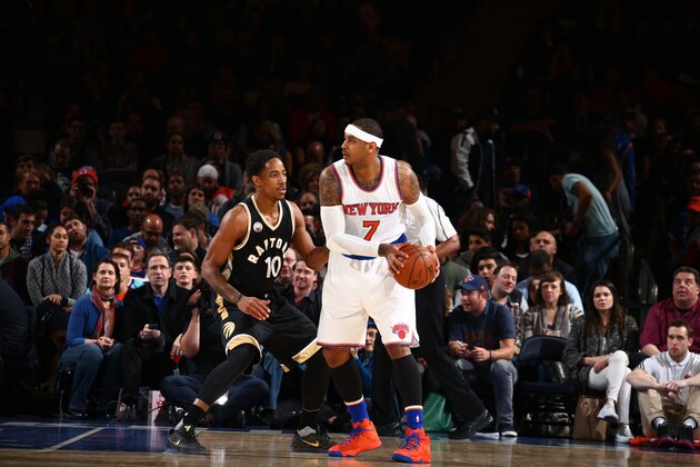 NEW YORK, NY - APRIL 10:  Carmelo Anthony #7 of the New York Knicks handles the ball against DeMar DeRozan #10 of the Toronto Raptors on April 10, 2016 at Madison Square Garden in New York City.  NOTE TO USER: User expressly acknowledges and agrees that, by downloading and or using this photograph, User is consenting to the terms and conditions of the Getty Images License Agreement. Mandatory Copyright Notice: Copyright 2016 NBAE  (Photo by Nathaniel S. Butler/NBAE via Getty Images)