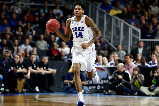 Mar 19, 2016; Providence, RI, USA; Duke Blue Devils guard Brandon Ingram (14) brings the ball up court during the first half of a second round game against the Yale Bulldogs in 2016 NCAA Tournament at Dunkin Donuts Center. Mandatory Credit: Mark L. Baer-USA TODAY Sports