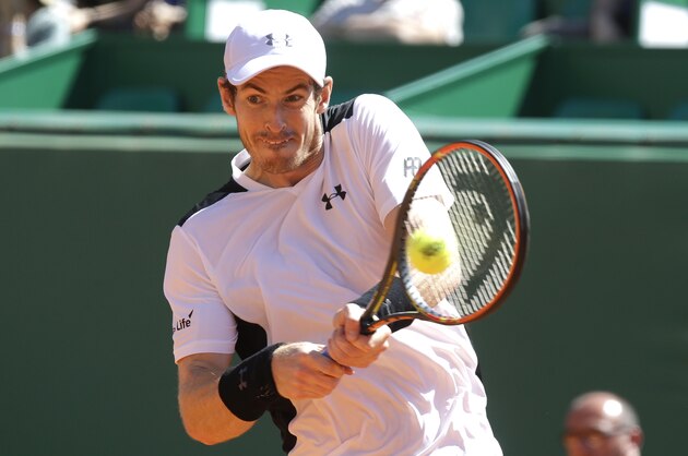 Andy Murray of Britain plays a return to France's Benoit Paire during their match of the Monte Carlo Tennis Masters tournament in Monaco, Thursday, April 14, 2016. (AP Photo/Lionel Cironneau)