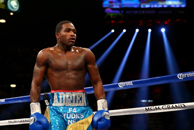 May 3, 2014; Las Vegas, NV, USA; Adrien Broner against Carlos Molina (not pictured) during their fight at MGM Grand. Mandatory Credit: Mark J. Rebilas-USA TODAY Sports