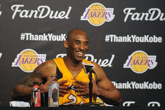 April 13, 2016; Los Angeles, CA, USA; Los Angeles Lakers  forward Kobe Bryant (24) speaks to media following the 101-96 victory against the Utah Jazz at Staples Center. Mandatory Credit: Gary A. Vasquez-USA TODAY Sports