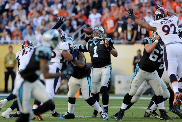 Carolina Panthers’ Cam Newton (1) in action against the Denver Broncos during the NFL Super Bowl 50 football game Sunday, Feb. 7, 2016, in Santa Clara, Calif.  (AP Photo/Gregory Payan)