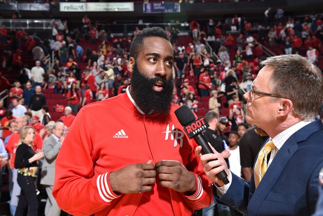 HOUSTON, TX - APRIL 13: James Harden #13 of the Houston Rockets is interviewed after the game against the Sacramento Kings on April 13, 2016 at the Toyota Center in Houston, Texas. NOTE TO USER: User expressly acknowledges and agrees that, by downloading and or using this photograph, User is consenting to the terms and conditions of the Getty Images License Agreement. Mandatory Copyright Notice: Copyright 2016 NBAE (Photo by Bill Baptist/NBAE via Getty Images)