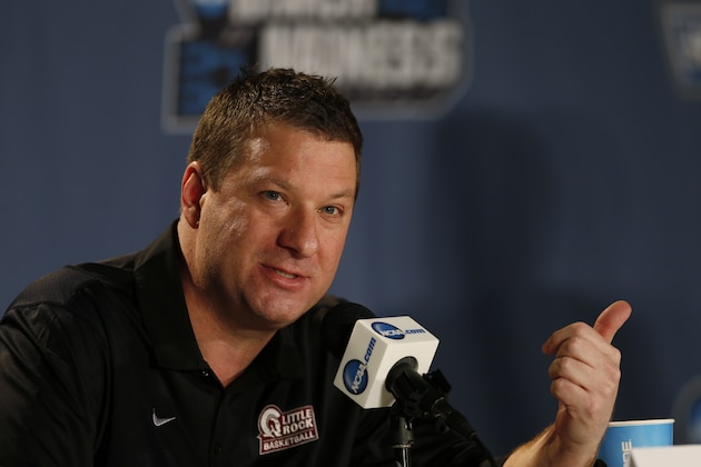 Arkansas Little Rock head coach Chris Beard responds to questions during a news conference as the team prepares for a second-round men's college basketball game Friday, March 18, 2016, in the NCAA Tournament in Denver. Arkansas Little Rock will face Iowa State on Saturday. (AP Photo/David Zalubowski)