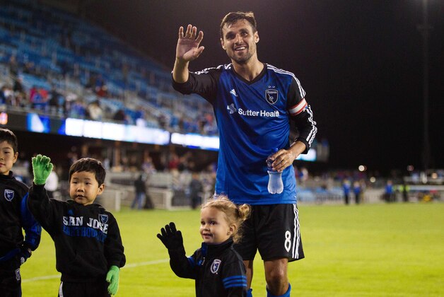 Apr 13, 2016; San Jose, CA, USA; San Jose Earthquakes forward Chris Wondolowski (8) waves to supporters after the game against the New York Red Bulls at Avaya Stadium. The San Jose Earthquakes defeated the New York Red Bulls 2-0. Mandatory Credit: Kelley L Cox-USA TODAY Sports