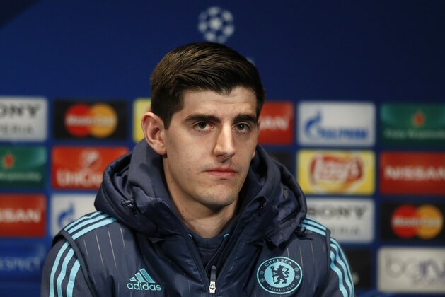 Chelsea goal keeper Thibauly Courtois attends a press conference on the eve of the Champions League round of 16, 1st leg soccer match between PSG and Chelsea at the Parc des Princes stadium in Paris, France, Monday, Feb. 15, 2016. (AP Photo/Francois Mori)