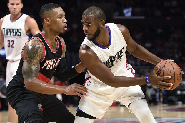 Los Angeles Clippers' Chris Paul, right, keeps the ball from Portland Trail Blazers' Damian Lillard during the first quarter of an NBA preseason basketball game in Los Angeles, Thursday, Oct. 22, 2015. (AP Photo/Kelvin Kuo)