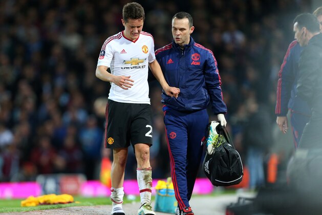 LONDON, ENGLAND - APRIL 13: Ander Herrera of Manchester United goes off injured during the Emirates FA Cup Sixth Round Replay match between West Ham United and Manchester United at Boleyn Ground on April 13, 2016 in London, England. (Photo by Catherine Ivill - AMA/Getty Images)