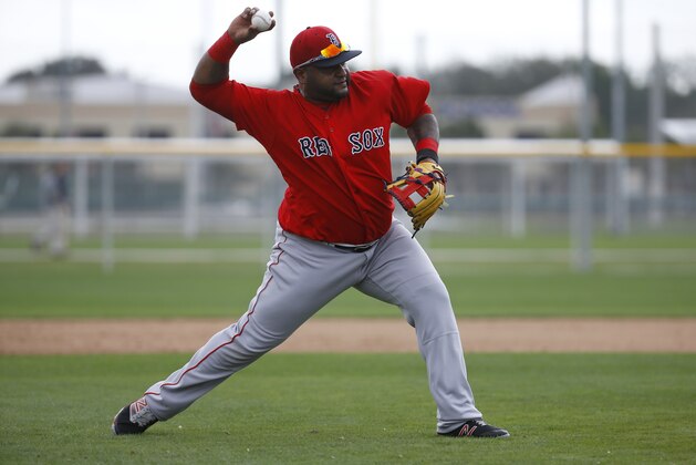 Boston Red Sox third baseman Pablo Sandoval fields a ground ball during a spring training baseball workout in Fort Myers, Fla., Wednesday, Feb. 24, 2016. (AP Photo/Patrick Semansky)
