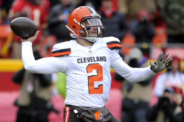 FILE - In this Dec. 27, 2015, file photo, Cleveland Browns quarterback Johnny Manziel (2) throws during the first half of an NFL football game against the Kansas City Chiefs in Kansas City, Mo. The Browns are not commenting on a report that Manziel went to Las Vegas on the day before the season finale. (AP Photo/Ed Zurga, File)