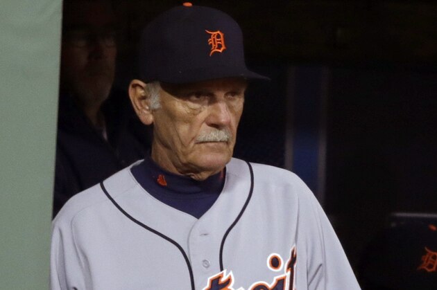 Detroit Tigers manager Jim Leyland watches from the dugout during Game 1 of the American League baseball championship series against the Boston Red Sox Saturday, Oct. 12, 2013, in Boston. (AP Photo/Charles Krupa)