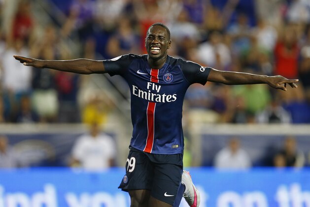 Paris Saint-Germain forward Jean-Kevin Augustin (29) celebrates his goal against Fiorentina in the first half during a soccer match in the International Champions Cup in Harrison N.J., Tuesday, July 21, 2015. Paris Saint-Germain won 4-2. (AP Photo/Rich Schultz)