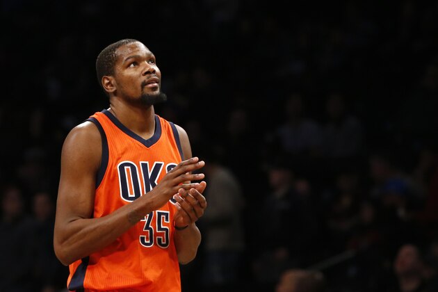 Oklahoma City Thunder forward Kevin Durant (35) looks at a video replay in the second half of an NBA basketball game against the Brooklyn Nets, Sunday, Jan. 24, 2016, in New York. The Nets defeated the Thunder 116-106. (AP Photo/Kathy Willens)