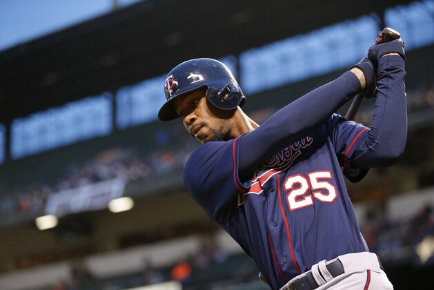 Minnesota Twins' Byron Buxton warms up during a baseball game against the Baltimore Orioles in Baltimore, Wednesday, April 6, 2016. (AP Photo/Patrick Semansky)