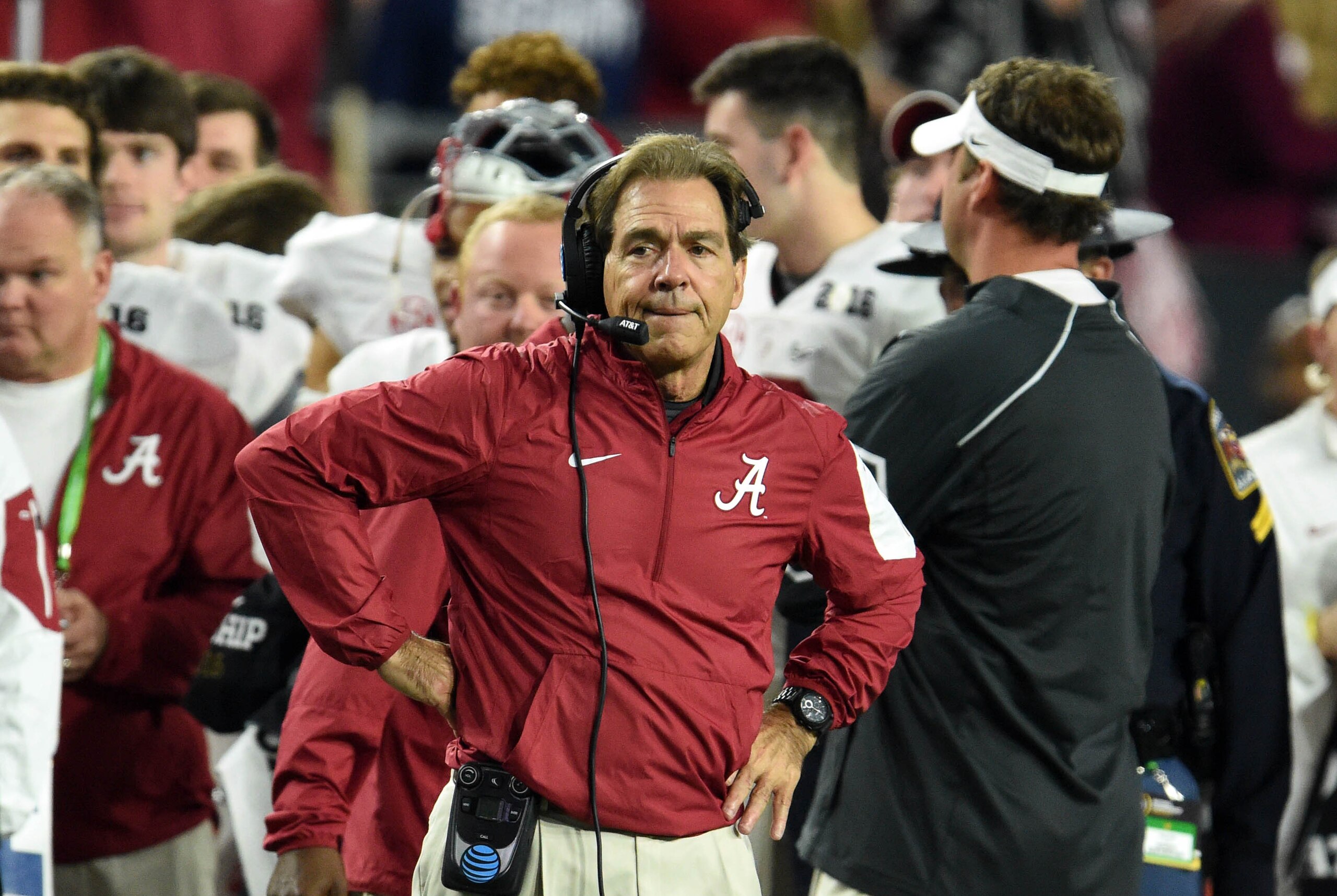 Jan 11, 2016; Glendale, AZ, USA; Alabama Crimson Tide head coach Nick Saban in the 2016 CFP National Championship against the Clemson Tigers at University of Phoenix Stadium. Mandatory Credit: Matt Kartozian-USA TODAY Sports