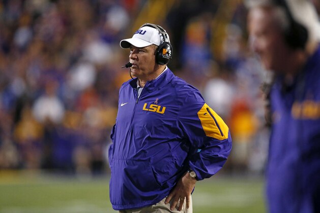 LSU head coach Les Miles watches from the sideline in the second half of an NCAA college football game against Florida in Baton Rouge, La., Saturday, Oct. 17, 2015. LSU won 35-28. (AP Photo/Gerald Herbert)