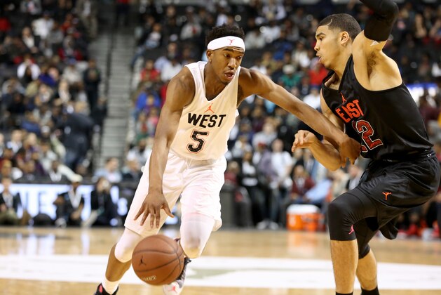 The West team's Malik Monk #5 in action against the East team during a high school basketball game in the Jordan Brand Classic on Friday, April 15, 2016 in Brooklyn, NY.  (AP Photo/Gregory Payan)