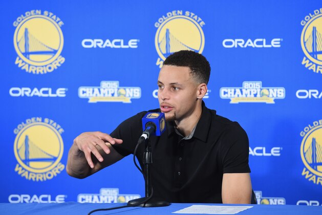 OAKLAND, CA - APRIL 13:  Stephen Curry #30 of the Golden State Warriors speaks with the media during a press conference after the Warriors defeated the Memphis Grizzlies 125-104 at ORACLE Arena on April 13, 2016 in Oakland, California. By defeating the Memphis Grizzlies, the Golden State Warriors win their 73rd game this season, setting the record for the most games won during the NBA regular season. The Warriors finish the 2015-16 NBA regular season with a 73-9 record.  (Photo by Thearon W. Henderson/Getty Images)