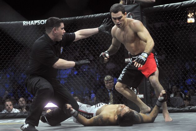 UNCASVILLE, CT - APRIL 02:  (R-L) Patricky Freire knocks out Toby Imada at Bellator 39 at the Mohegan Sun Arena on April 2, 2011 in Uncasville, Connecticut.  (Photo by Henry S. Dziekan III/Getty Images)