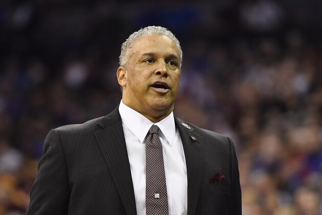 Mar 20, 2015; Omaha, NE, USA; New Mexico State Aggies head coach Marvin Menzies during the first half in the second round of the 2015 NCAA Tournament against the Kansas Jayhawks at CenturyLink Center. Mandatory Credit: Jasen Vinlove-USA TODAY Sports
