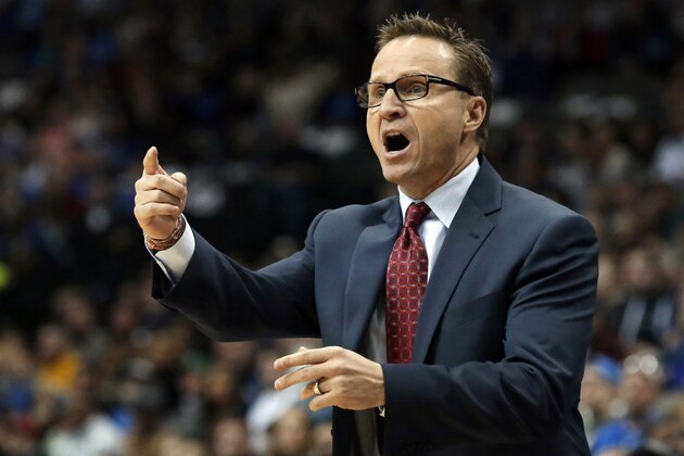FILE - In this Dec. 28, 2014, file photo, Oklahoma City Thunder coach Scott Brooks yells from the sideline during the first half of an NBA basketball game against the Dallas Mavericks in Dallas. The Thunder fired Brooks on Wednesday, April 22, 2015. (AP Photo/LM Otero, File)