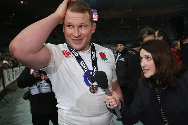 PARIS, FRANCE - MARCH 19: Dylan Hartley of England celebrates wearing his RBS Six Nations winners medal after England won the Grand Slam during the RBS Six Nations match between France and England at Stade de France on March 19, 2016 in Paris, France. (Photo by Steve Bardens/Getty Images)