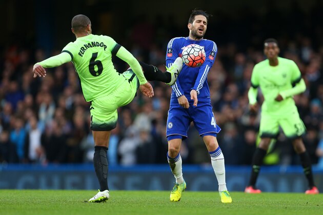 LONDON, ENGLAND - FEBRUARY 21 :  Cesc Fabregas of Chelsea reacts as Fernando of Manchester City kicks high during the Emirates FA Cup match between Chelsea and Manchester City at Stamford Bridge on February 21, 2016 in London, England.  (Photo by Catherine Ivill - AMA/Getty Images)