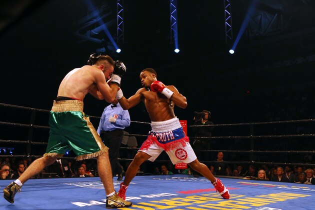 TORONTO, ON - SEPTEMBER 11:  Errol Spence Jr. throws a left against Chris van Heerden during their Premier Boxing Champions bout at the Ricoh Coliseum on September 11, 2015 in Toronto, Ontario, Canada.  (Photo by Vaughn Ridley/Getty Images)