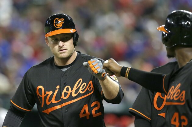 Baltimore Orioles designated hitter Mark Trumbo, left, is congratulated by teammate Adam Jones after hitting a  three-run home run during the seventh inning of a baseball game against the Texas Rangers in Arlington, Texas, Friday, April 15, 2016. (AP Photo/LM Otero)