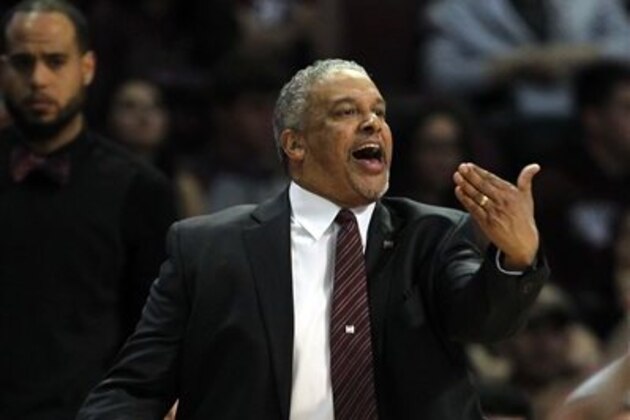 New Mexico State coach Marvin Menzies talks to his team during the first half of an NCAA college basketball game against Cal State Bakersfield in the finals of the Western Athletic Conference men's tournament Saturday, March 12, 2016, in Las Vegas. (AP Photo/Isaac Brekken)