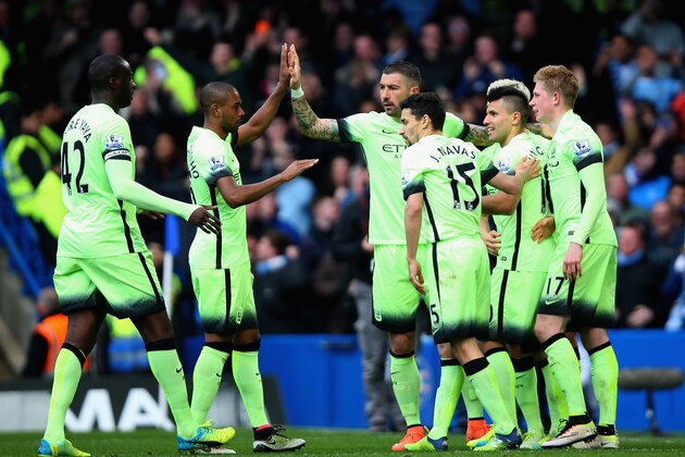 LONDON, ENGLAND - APRIL 16:  Sergio Aguero of Manchester City celebrates with team mates after scoring his teams second goal during the Barclays Premier League match between Chelsea and Manchester City at Stamford Bridge on April 16, 2016 in London, England.  (Photo by Bryn Lennon/Getty Images)