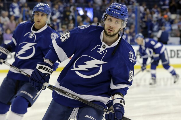 Tampa Bay Lightning right wing Nikita Kucherov (86), of Russia, before Game 2 in a first-round NHL hockey Stanley Cup playoff series against the Detroit Red Wings Friday, April 15, 2016, in Tampa, Fla. (AP Photo/Chris O'Meara)