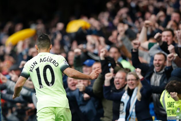Manchester City's Argentinian striker Sergio Aguero celebrates after scoring their second goal during the English Premier League football match between Chelsea and Manchester City at Stamford Bridge in London on April 16, 2016. / AFP / Adrian DENNIS / RESTRICTED TO EDITORIAL USE. No use with unauthorized audio, video, data, fixture lists, club/league logos or 'live' services. Online in-match use limited to 75 images, no video emulation. No use in betting, games or single club/league/player publications.  /         (Photo credit should read ADRIAN DENNIS/AFP/Getty Images)