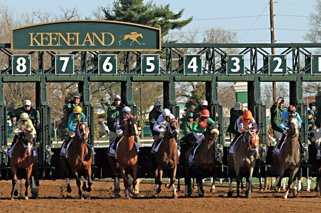 Horses break from the gate to start the 91st running of the Blue Grass Stakes horse race at Keeneland Race Course in Lexington, Ky., Saturday, April. 4, 2015. (AP Photo/Garry Jones)