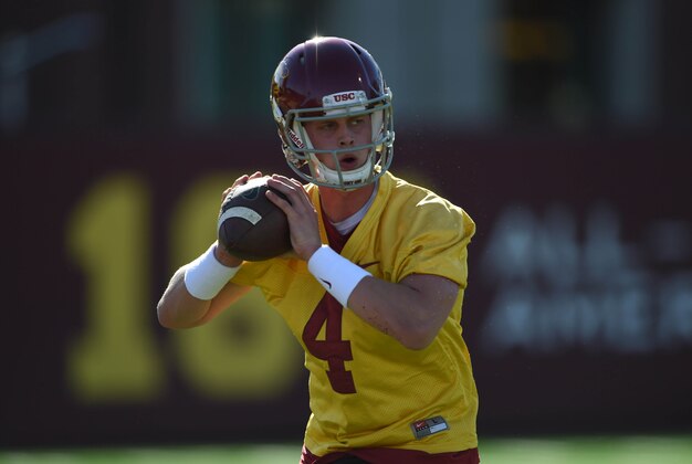 Mar 8, 2016; Los Angeles, CA, USA; Southern California Trojans quarterback Max Browne (4) throws a pass during spring practice at Howard Jones Field. Mandatory Credit: Kirby Lee-USA TODAY Sports