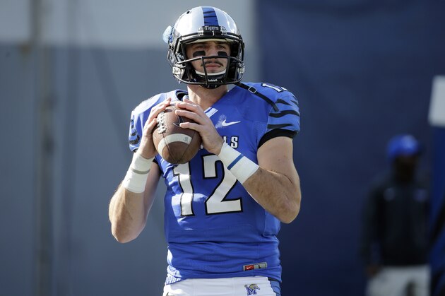 Memphis quarterback Paxton Lynch warms up before the start of an NCAA college football game against Mississippi Saturday, Oct. 17, 2015, in Memphis, Tenn. (AP Photo/Mark Humphrey)
