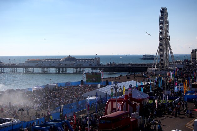 BRIGHTON, ENGLAND - SEPTEMBER 20: A general view of the fanzone as fans enjoy the nice weather during the Rugby World Cup 2015: Brighton Beach Fanzone on September 20, 2015 in Brighton, United Kingdom. (Photo by Charlie Crowhurst/Getty Images)