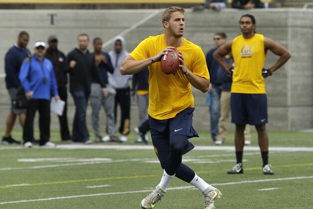 California quarterback Jared Goff prepares to pass during California's NFL Pro Day Friday, March 18, 2016, in Berkeley, Calif. (AP Photo/Ben Margot)