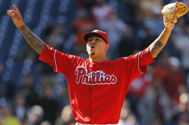 Philadelphia Phillies starting pitcher Vince Velasquez reacts after striking out San Diego Padres' Wil Myers to win a baseball game against the San Diego Padres, 3-0, Thursday, April 14, 2016, in Philadelphia. (AP Photo/Matt Slocum)