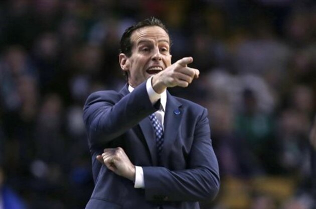 CORRECTS TO KENNY ATKINSON, INSTEAD OF MIKE BUDENHOLZER - Atlanta Hawks assistant coach Kenny Atkinson calls to his players during the first quarter of an NBA basketball game against the Boston Celtics in Boston, Friday, Nov. 13, 2015. (AP Photo/Charles Krupa) CORRECTS TO KENNY ATKINSON, INSTEAD OF MIKE BUDENHOLZER - Atlanta Hawks assistant coach Kenny Atkinson calls to his players during the first quarter of an NBA basketball game against the Boston Celtics in Boston, Friday, Nov. 13, 2015. (AP Photo/Charles Krupa)
