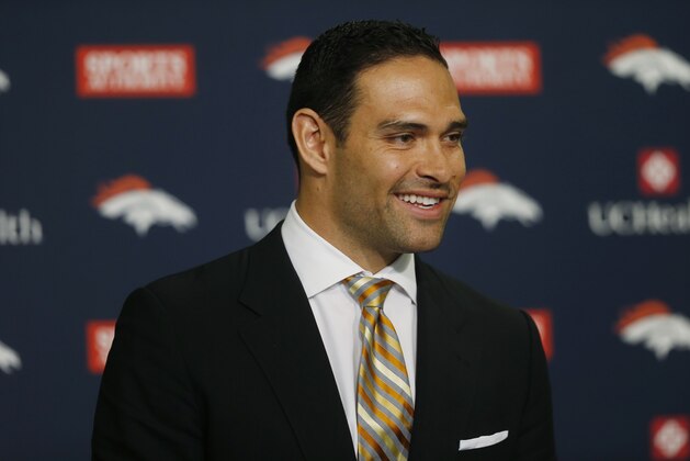 Denver Broncos quarterback Mark Sanchez responds to questions during a news conference early Monday, March 14, 2016, at the team's headquarters in Englewood, Colo. The Broncos acquired Sanchez in a trade from the Philadelphia Eagles last week. (AP Photo/David Zalubowski)