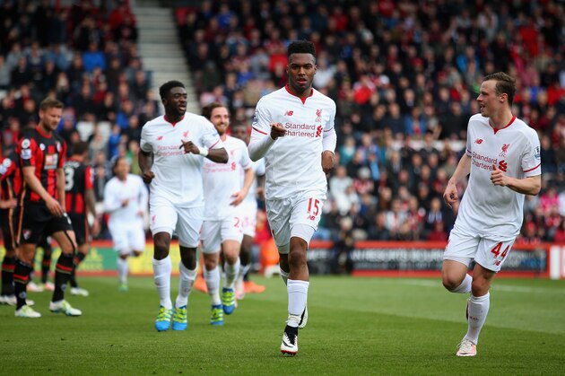 BOURNEMOUTH, ENGLAND - APRIL 17:  Daniel Sturridge of Liverpool celebrates  after scoring his team's second goal of the game during the Barclays Premier League match between A.F.C. Bournemouth and Liverpool at the Vitality Stadium on April 17, 2016 in Bournemouth, England.  (Photo by Bryn Lennon/Getty Images)