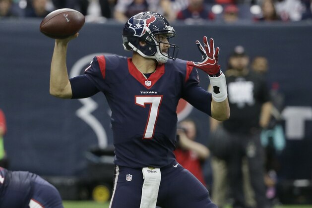 Houston Texans quarterback Brian Hoyer (7) drops back to pass against the Kansas City Chiefs during the first half of an NFL football game Saturday, Jan. 9, 2016, in Houston. (AP Photo/Tony Gutierrez)
