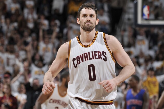 CLEVELAND, OH - APRIL 17: Kevin Love #0 of the Cleveland Cavaliers is seen during the game against the Detroit Pistons during Round One of the 2016 NBA Playoffs on April 17, 2016 at The Quicken Loans Arena in Cleveland, Ohio. NOTE TO USER: User expressly acknowledges and agrees that, by downloading and/or using this Photograph, user is consenting to the terms and conditions of the Getty Images License Agreement. Mandatory Copyright Notice: Copyright 2016 NBAE (Photo by David Liam Kyle/NBAE via Getty Images)